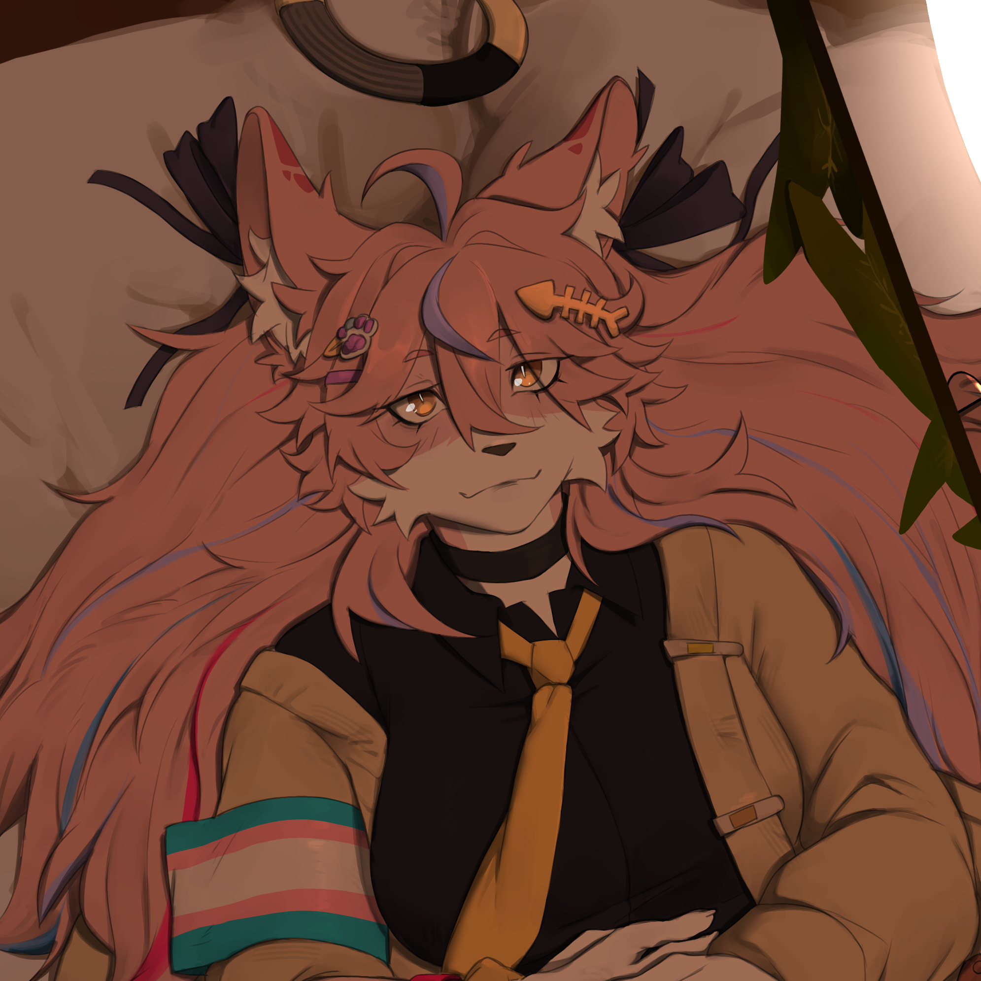 A cropped head-shot of my VRChat/Resonite avatar, drawn by @tofuuuu!